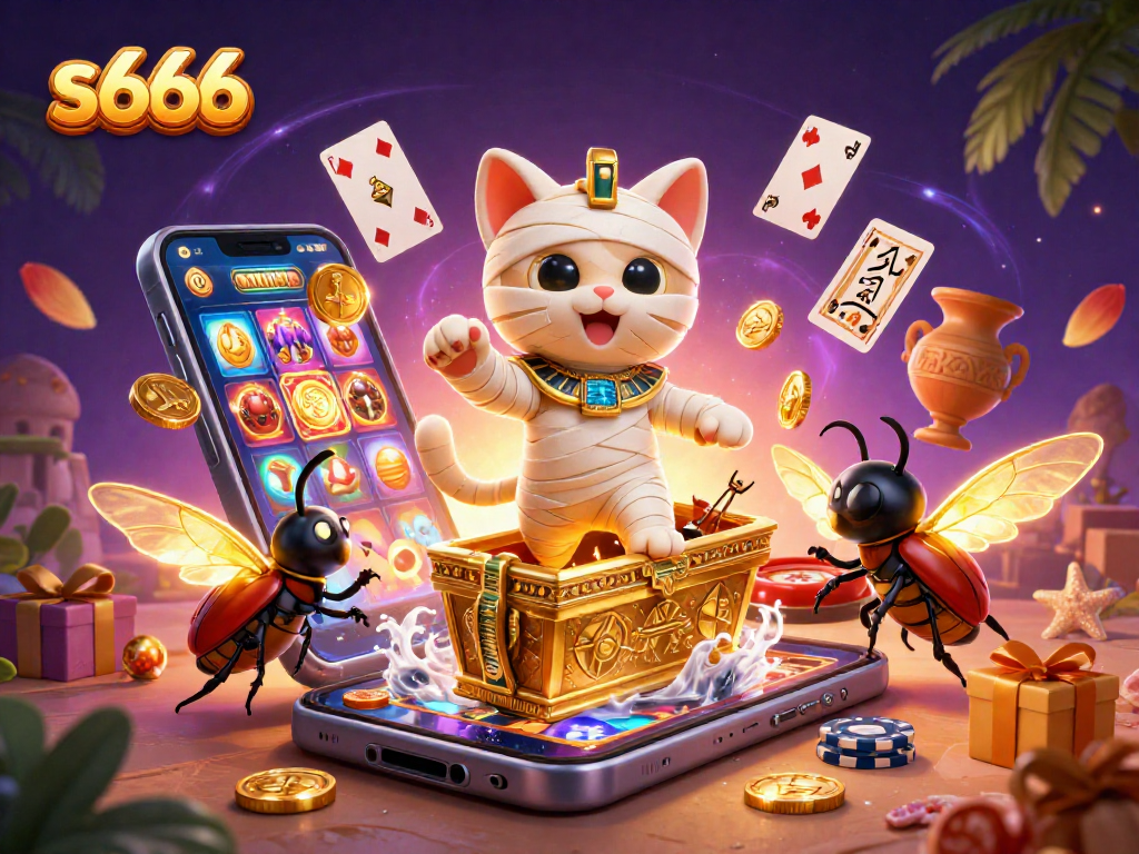 s666 players engaging with exciting slot games and vibrant casino elements in a dynamic 3D illustration.
