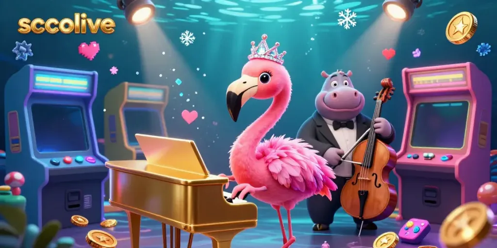 Socolive features a vibrant scene with a flamingo singer, hippo bassist, and colorful gaming machines.