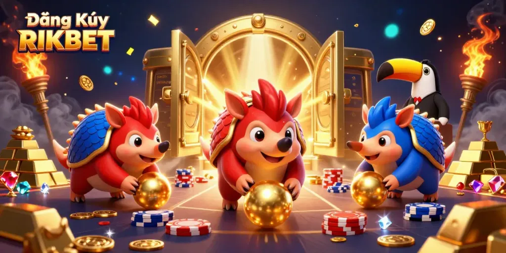Engage in Đăng Ký RIKBET with an exciting illustration of rival pangolins amidst treasures and poker chips.