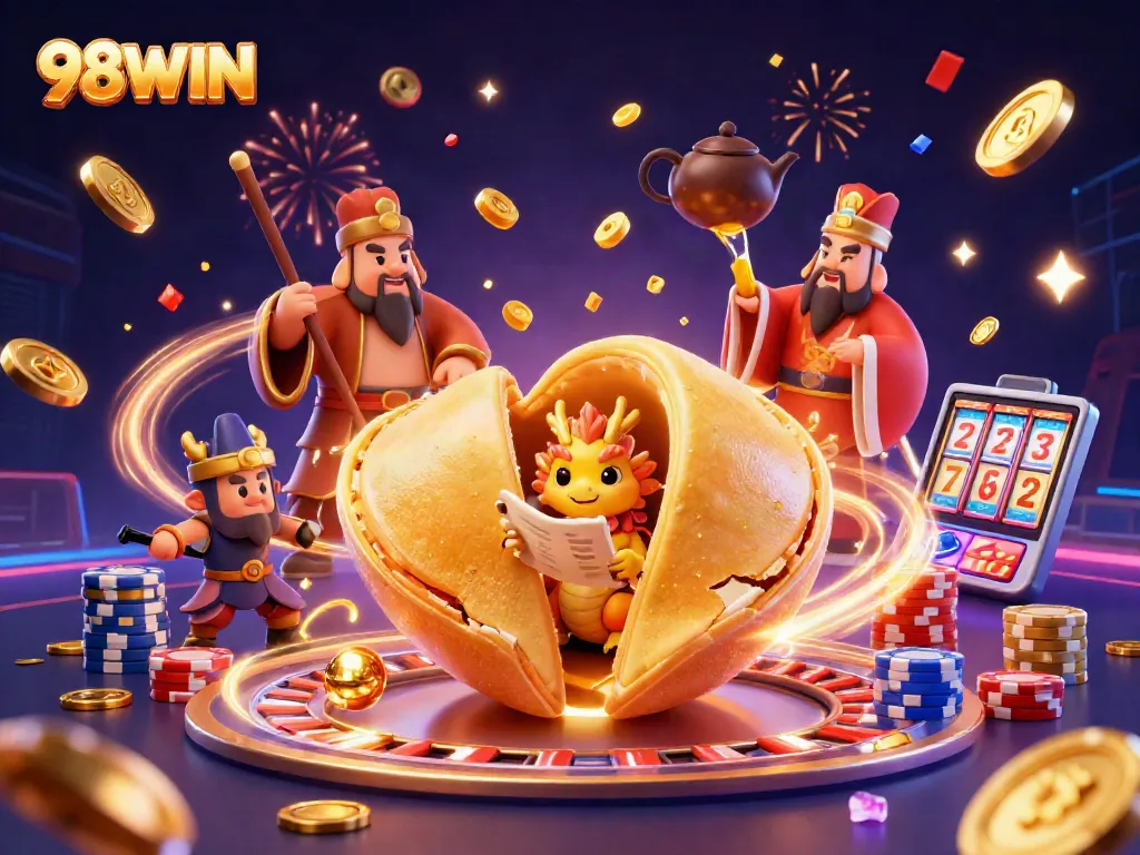 Experience the thrill of 98WIN with golden coins, vibrant cards, and fortune-themed characters.