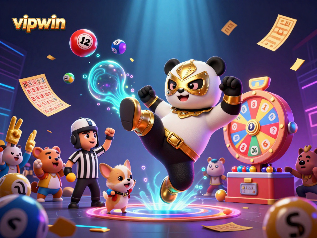 Join the excitement at vipwin with a thrilling scene of a wrestler panda and chihuahua referee amid colorful gambling elements.