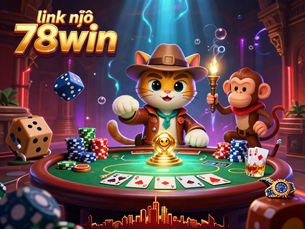 Experience thrilling gaming action with link vào 78win, featuring a vibrant scene of a cat archaeologist uncovering casino riches.