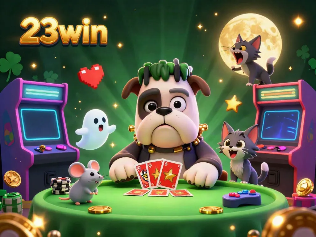 Experience the excitement of 23win casino with a lively scene featuring cartoon characters engaged in gaming action.