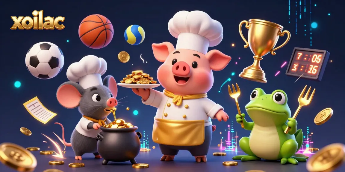 Engage with xoilac as a chef pig serves gold coins amidst dynamic sports elements in an exciting casino scene.