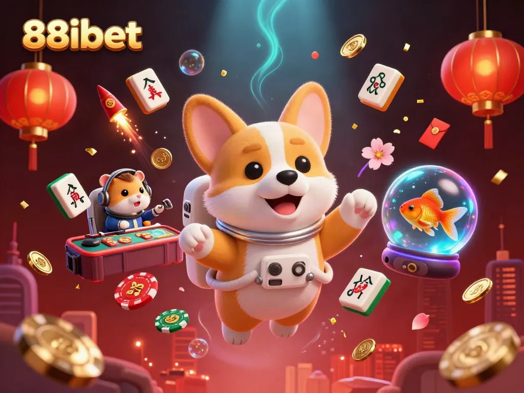 Engage with 88ibet's vibrant casino scene featuring an astronaut corgi and drifting casino elements.