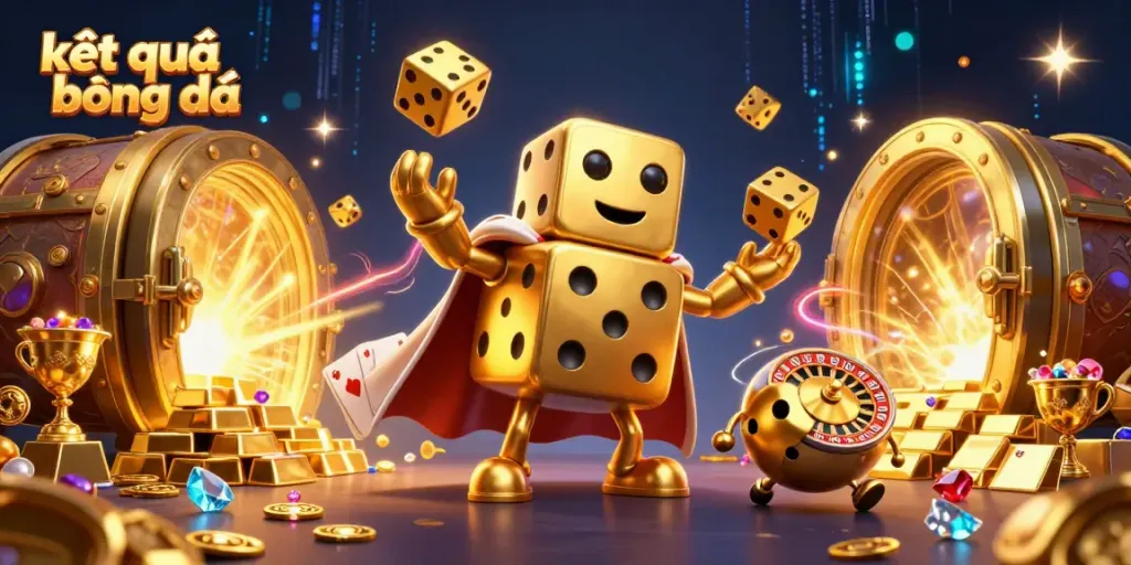 Engage with the action of kết quả bóng đá featuring a golden dice creature juggling dice amidst treasure in a dynamic 3D scene.