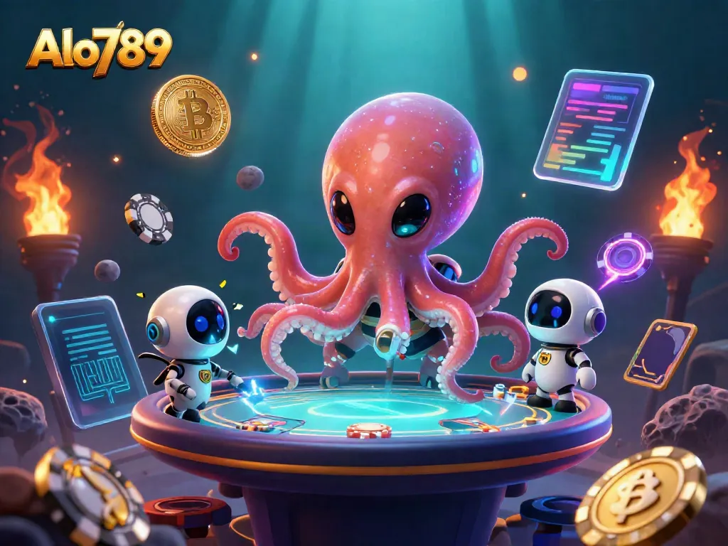 Join the ALO789 online casino adventure with a 3D alien octopus at a holographic poker table, showcasing unique gaming elements.