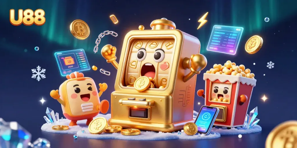U88 slot machines celebrate a jackpot with floating crypto coins and vibrant animations.