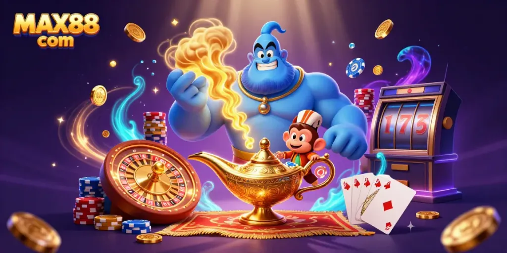 Win big at MAX88 com with the vibrant casino-themed illustration featuring a genie, monkey, and poker elements.