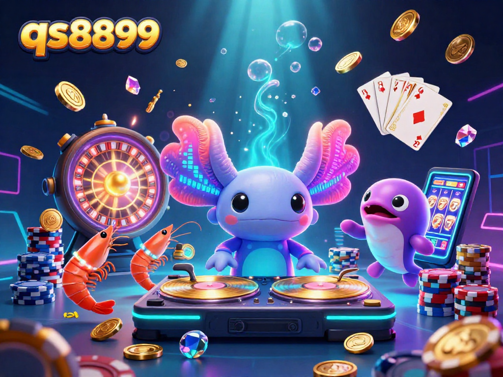 Experience thrilling games at qs8899 with neon-colored characters and casino elements in a vibrant underwater scene.