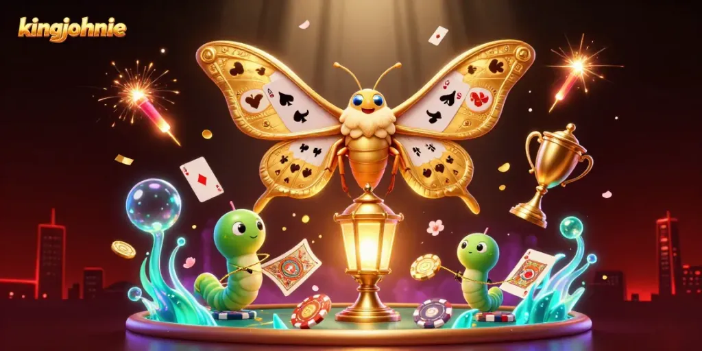 Play poker with kingjohnnie: vibrant casino scene featuring golden trophies and poker elements.