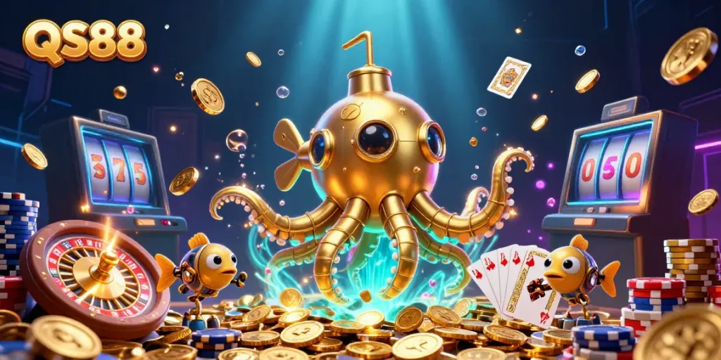 Experience winning moments with QS88’s vibrant underwater casino scene filled with treasures.