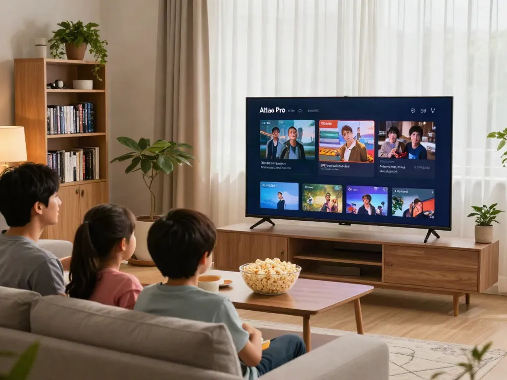 La famille profite d'Atlas Pro ONTV dans un salon moderne, ambiance chaleureuse.