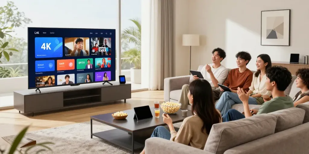 Profitez d'un abonnement IPTV 4K avec des amis dans un salon moderne, devant un écran lumineux.