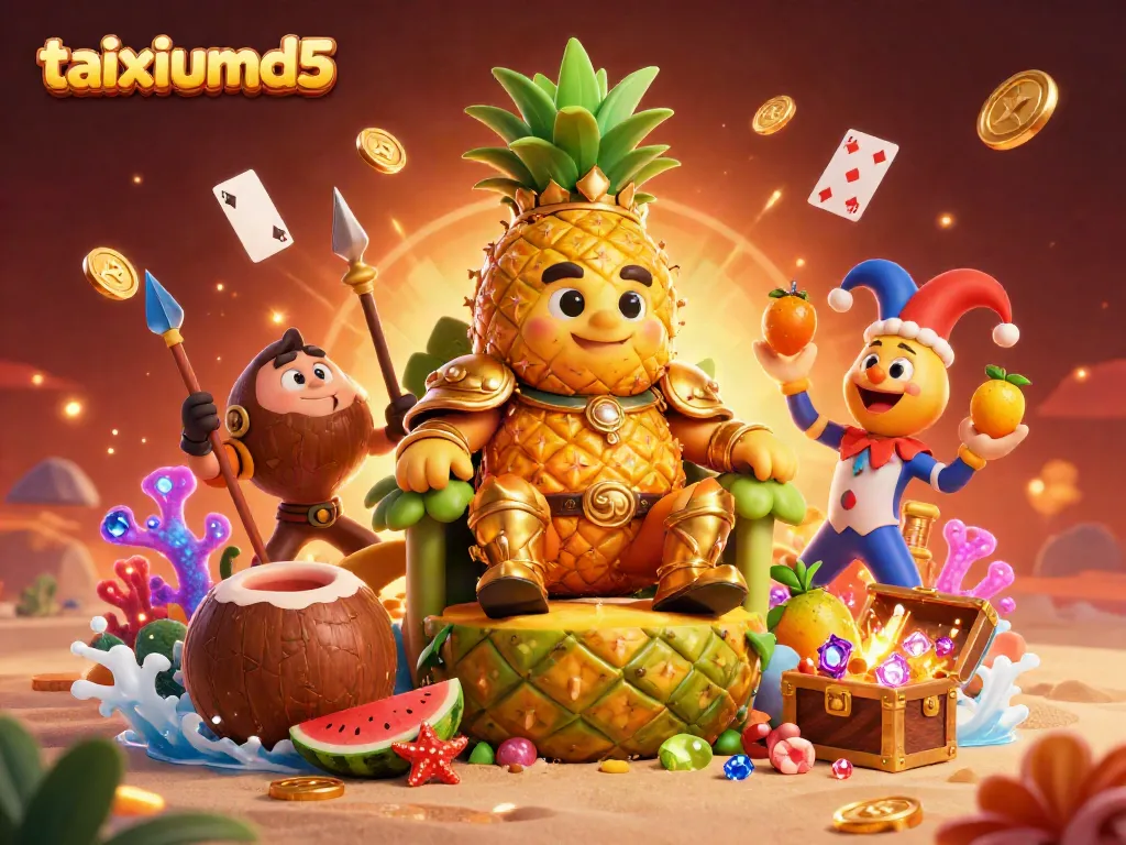 The engaging taixiumd5 casino scene features a golden pineapple king and lively beach atmosphere, showcasing thrilling game action.