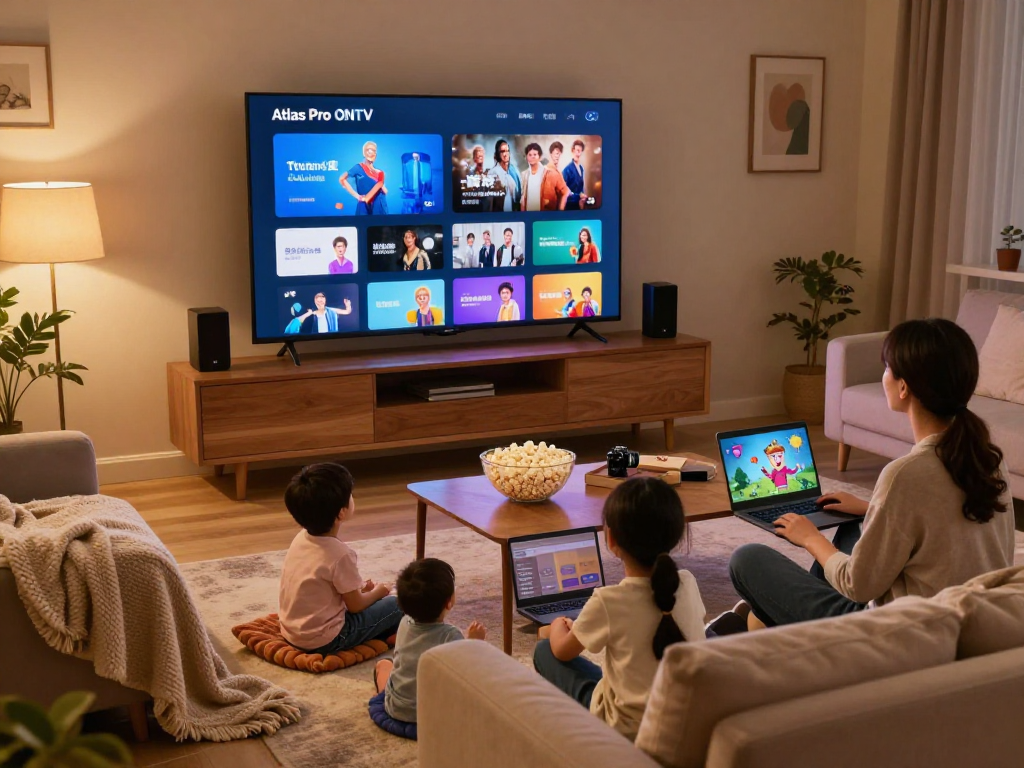 Une famille utilisant l'application atlas pro ONTV pour profiter d'un moment de cinéma à domicile avec leur Smart TV.