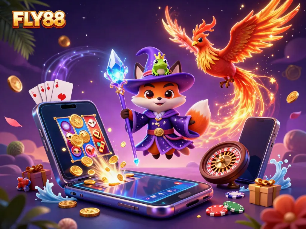 Experience FLY88's enchanting casino world with a mystical fox, blazing phoenix, and rich game elements.