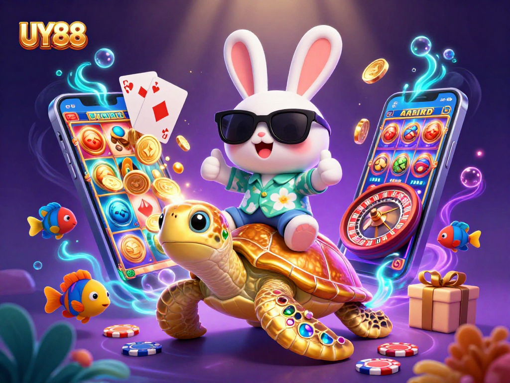 Enjoy thrilling gaming at UY88 with a lucky rabbit and golden turtle in an enchanting underwater scene.