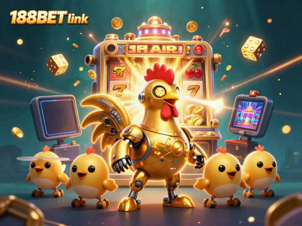 Engage with the vibrant 188BET link scene featuring a golden rooster robot, dynamic gaming elements, and exuberant casino visuals.