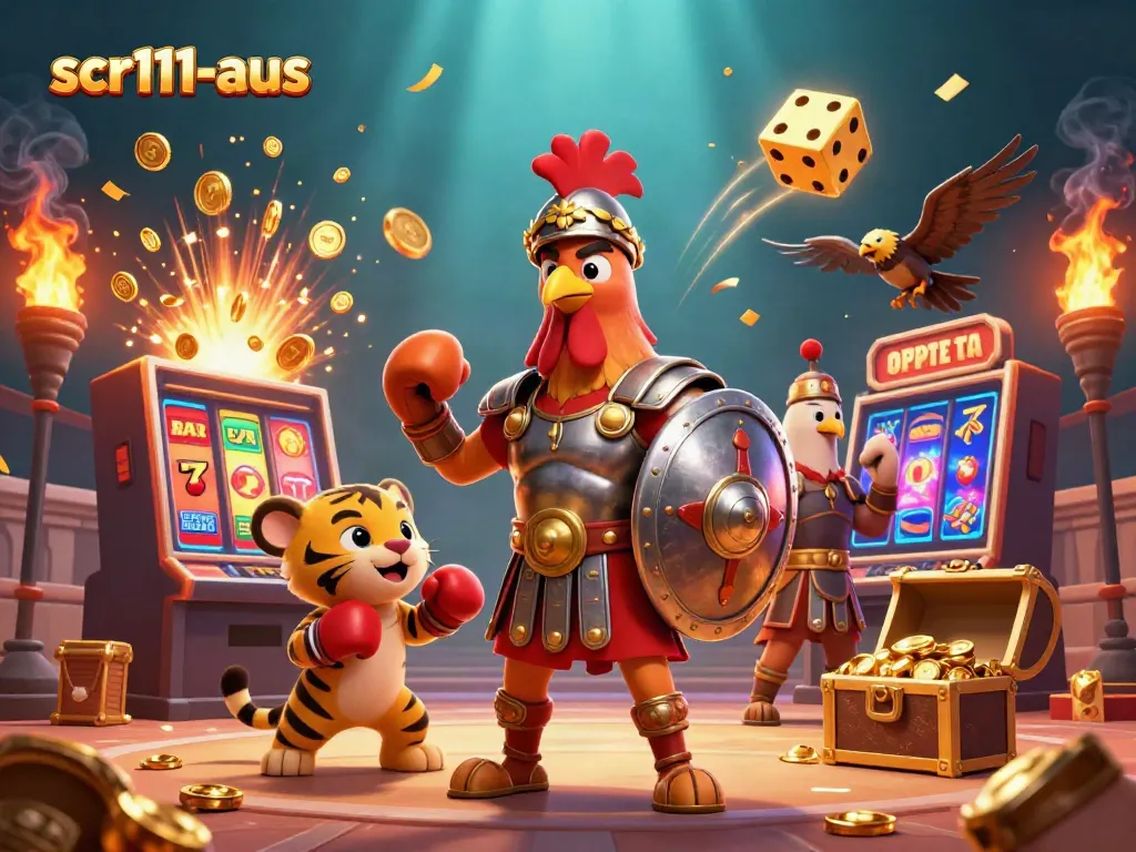 Win big with scr111-aus at the vibrant 3D casino illustration featuring unique characters.