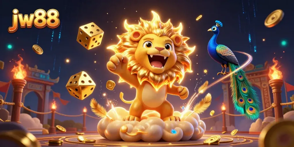 Experience the excitement of jw88 with a vibrant, animated scene showcasing a roaring lion amidst dynamic casino elements.