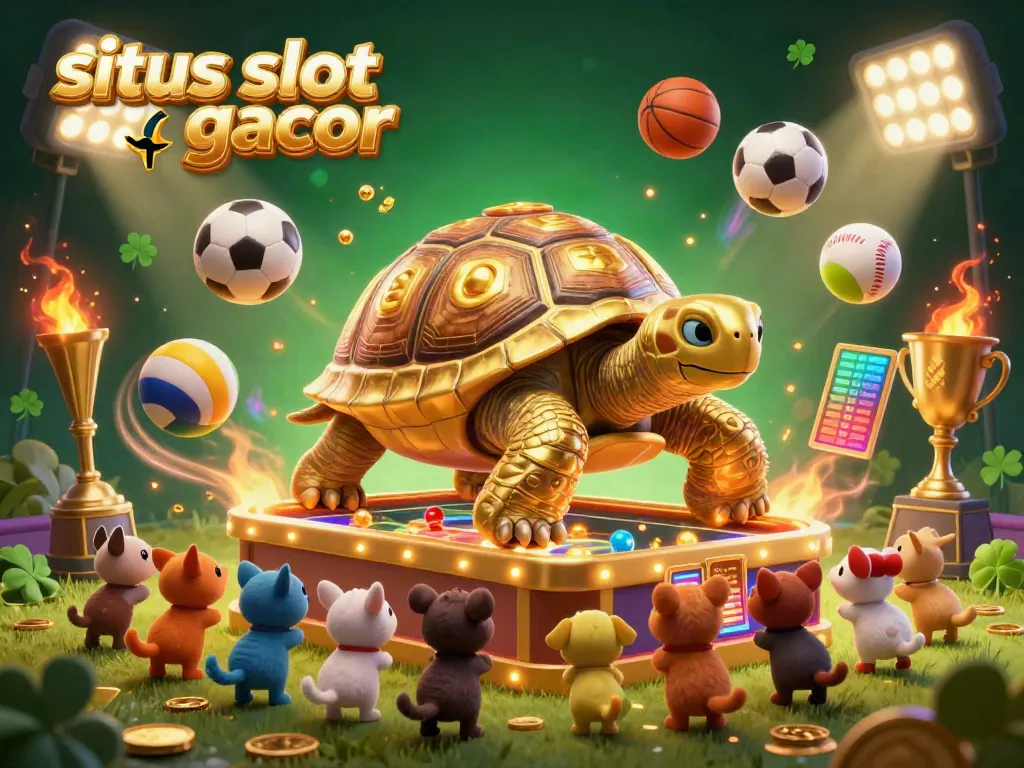 Situs slot gacor illustrated with a golden tortoise pinball machine, sports balls, and trophies in vibrant action.