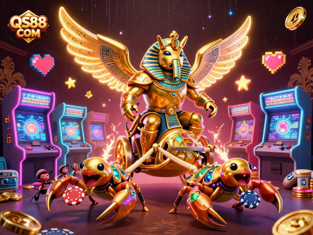 Experience thrilling games at QS88 COM with a vibrant 3D casino scene featuring unique characters.