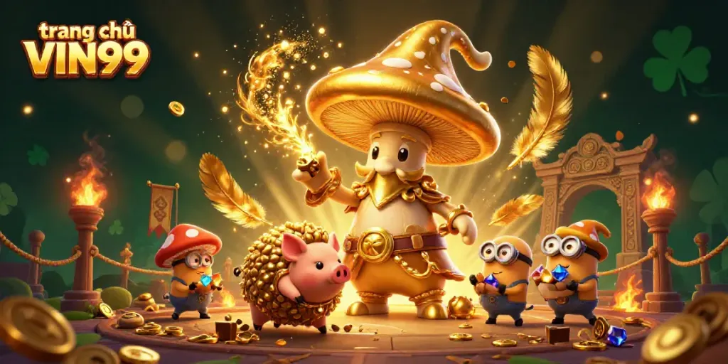 Experience the thrilling world of trang chủ VIN99 with a magical golden mushroom wizard and treasure-seeking elements.