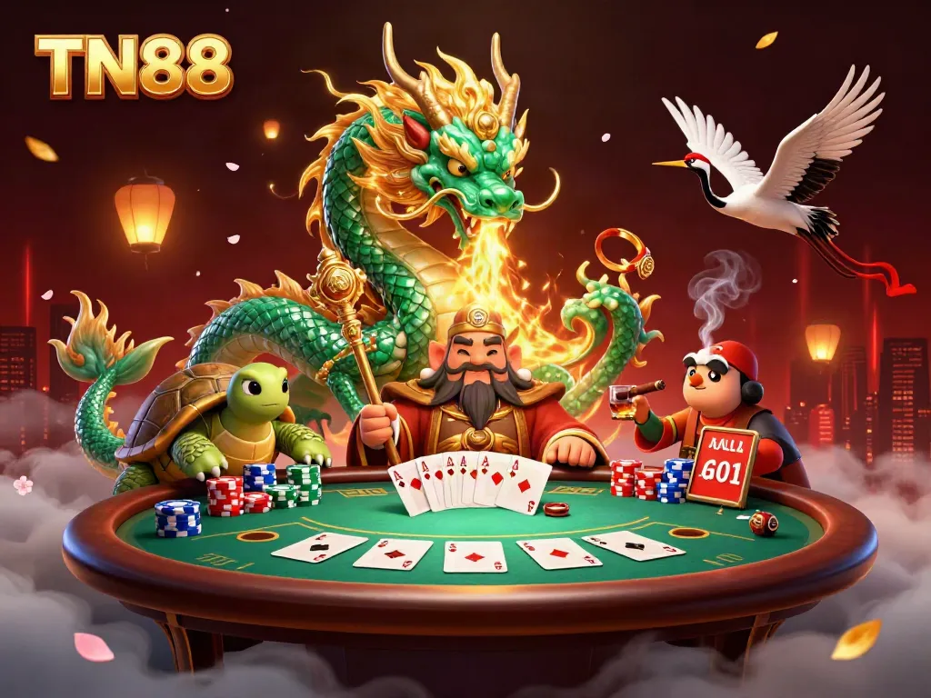 Experience thrilling gameplay with TN88 at a vibrant casino scene featuring a dragon and poker elements.