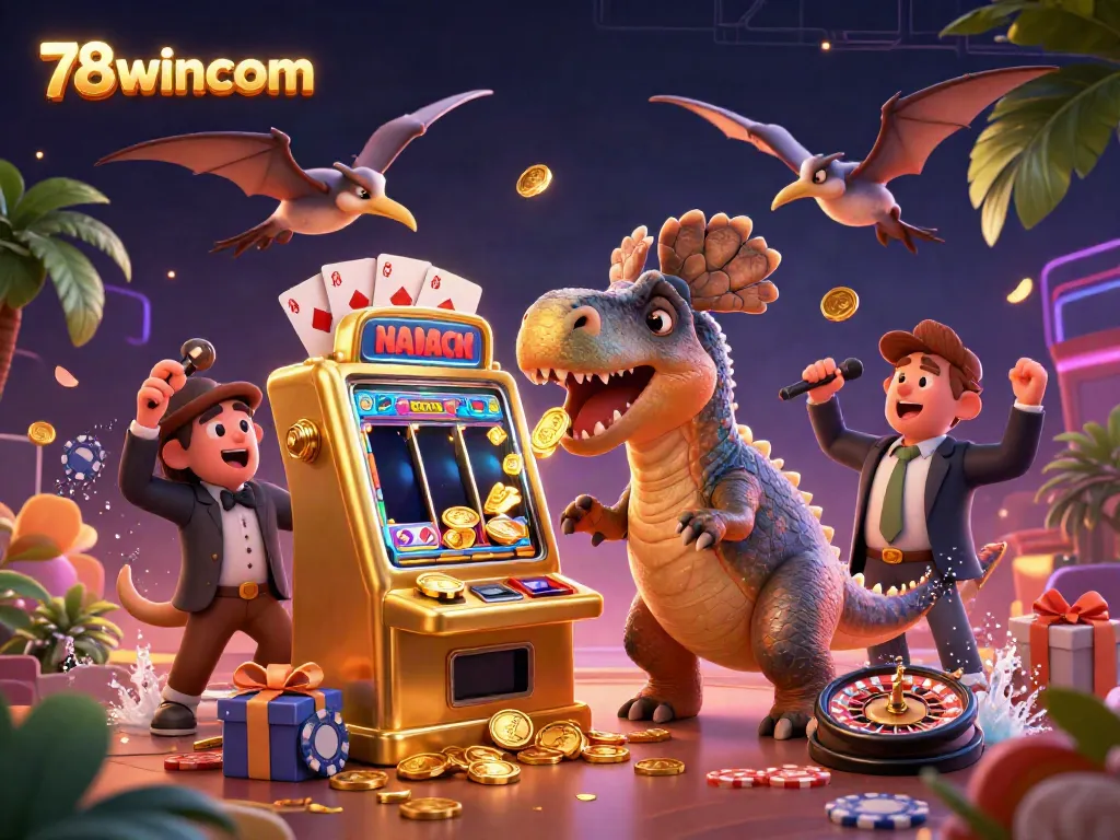 Experience the excitement of 78wincom as cartoon dinosaurs trigger jackpots amidst vibrant casino games.
