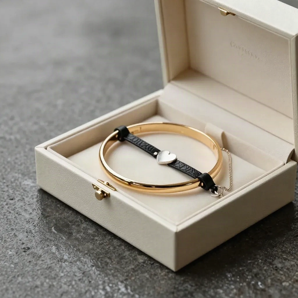 Coffret ivoire ouvert, bracelets luxe en diagonale sur pierre humide, lumière champagne.
