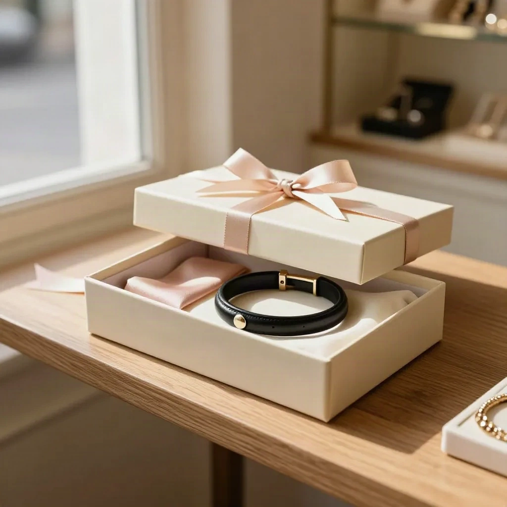 Coffret cadeau ivoire avec ruban champagne et bracelet cuir noir dans une boutique lumineuse.