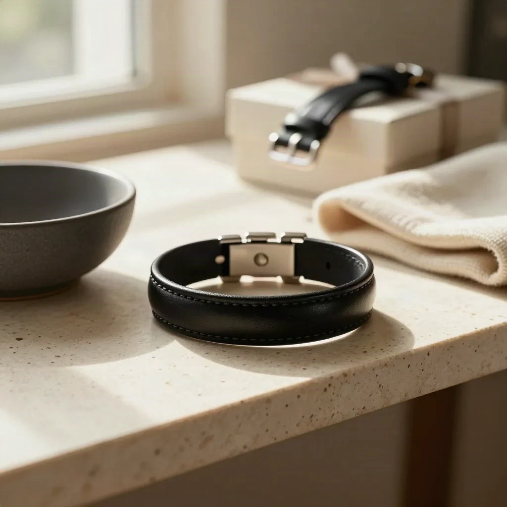 Bracelet en cuir noir près d’un bol graphite et d’un tissu laineux, lumière du matin.