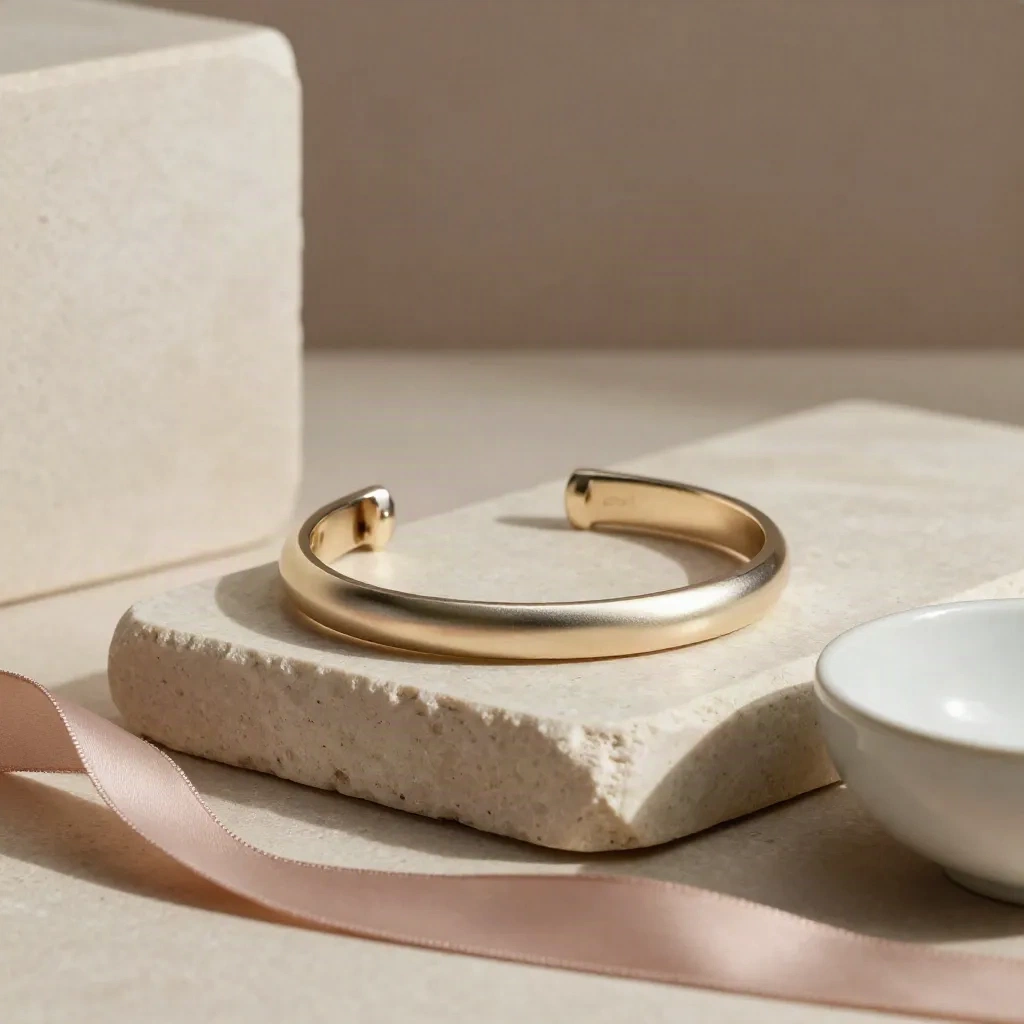 Bangle réglable doré sur socle de pierre, ruban de soie rose poudré, lumière cinématographique.