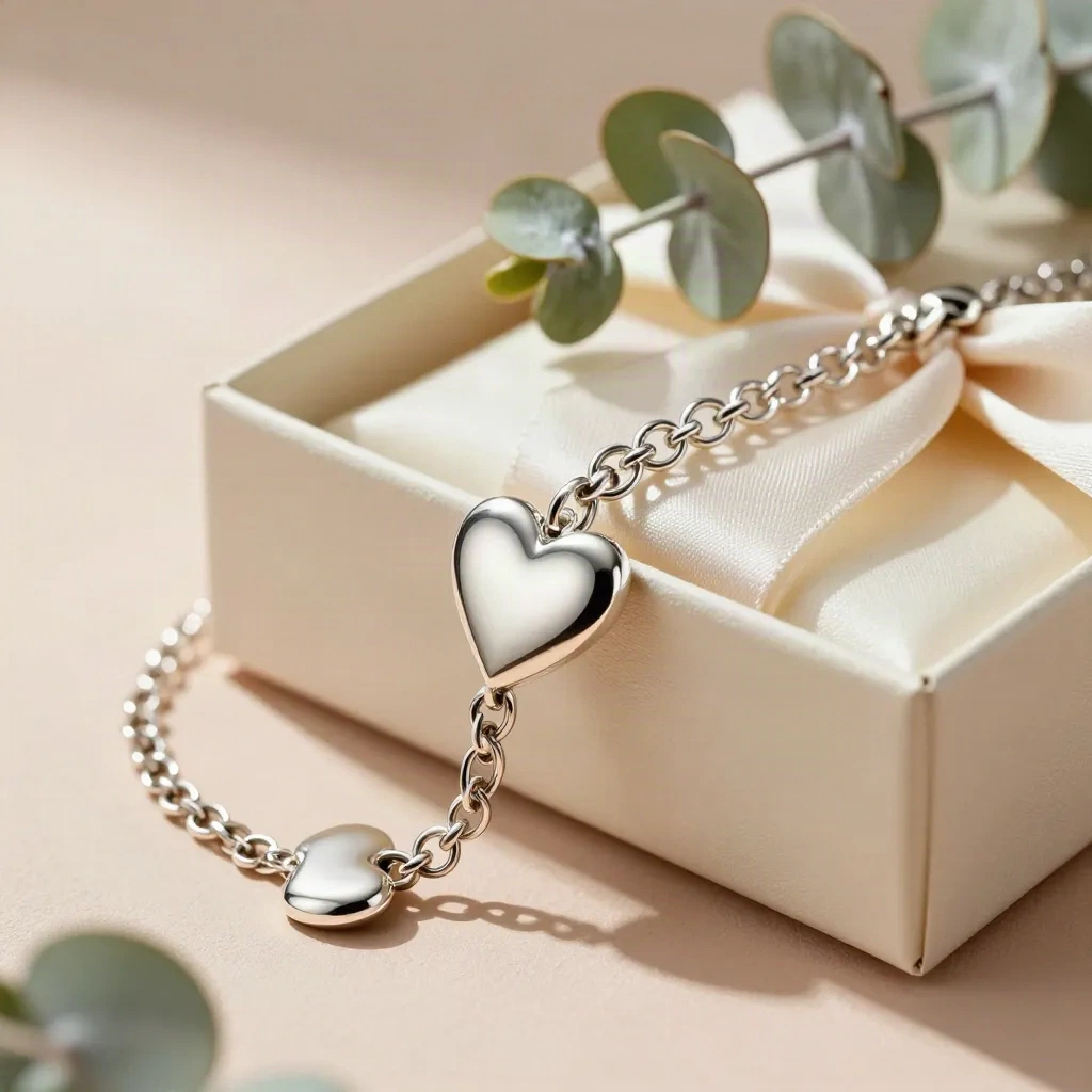 Bracelet charm cœur en argent frôlant une boîte cadeau ivoire, avec une branche d’eucalyptus.