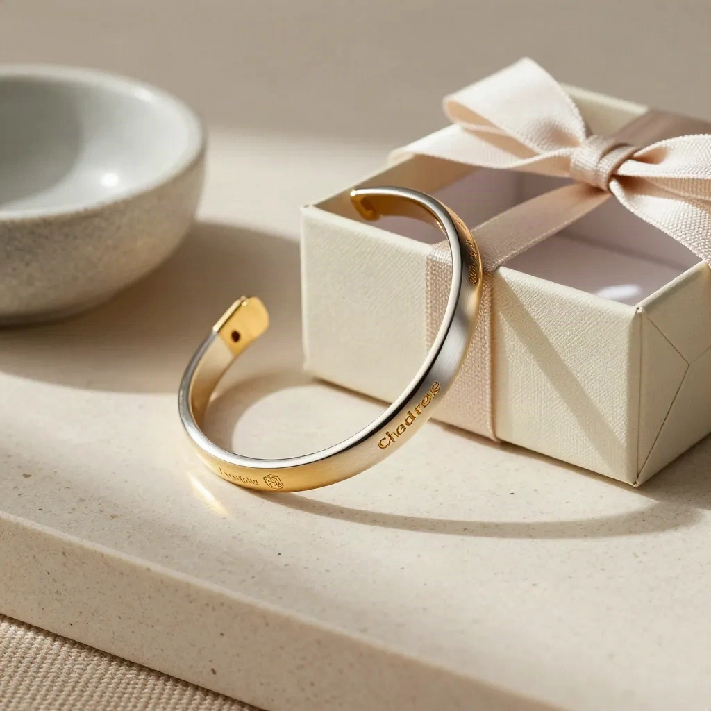 Bracelet gravé près d’un coffret entrouvert et d’un ruban de lin sur travertin.