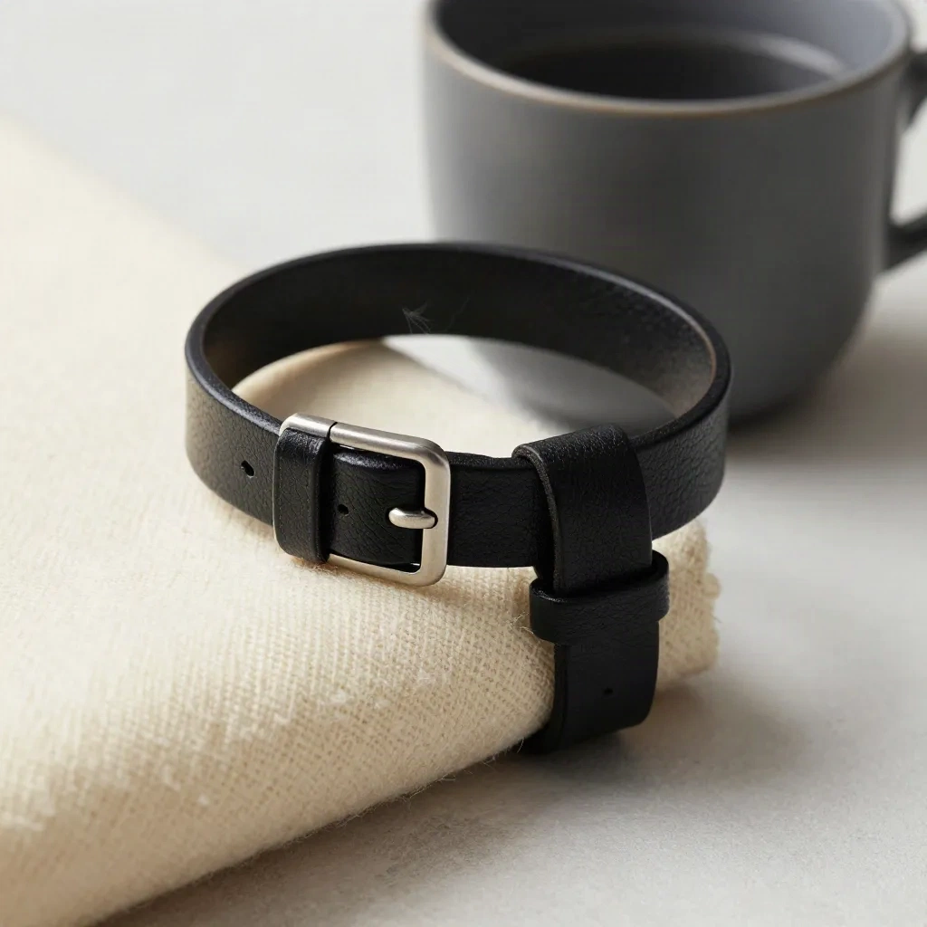 Bracelet en cuir noir souple près d’une coupe graphite sur laine crème, lumière douce et froide.