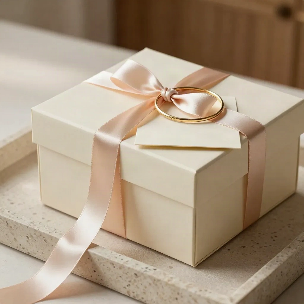 Coffret ivoire, ruban champagne et bracelet délicat sur carte pliée, lumière douce.