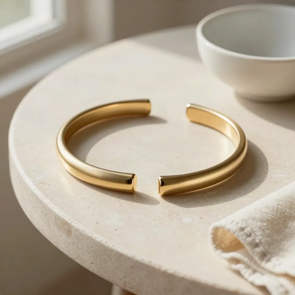 Bangle réglable doré sur table ivoire, anneau de cuir et coupelle en céramique