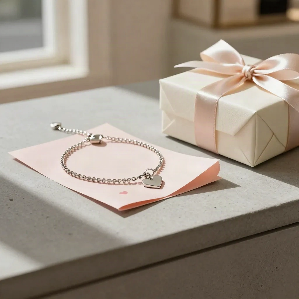 Bracelet cœur en argent, papier cadeau rose poudré et coffret ivoire dans une boutique luxe