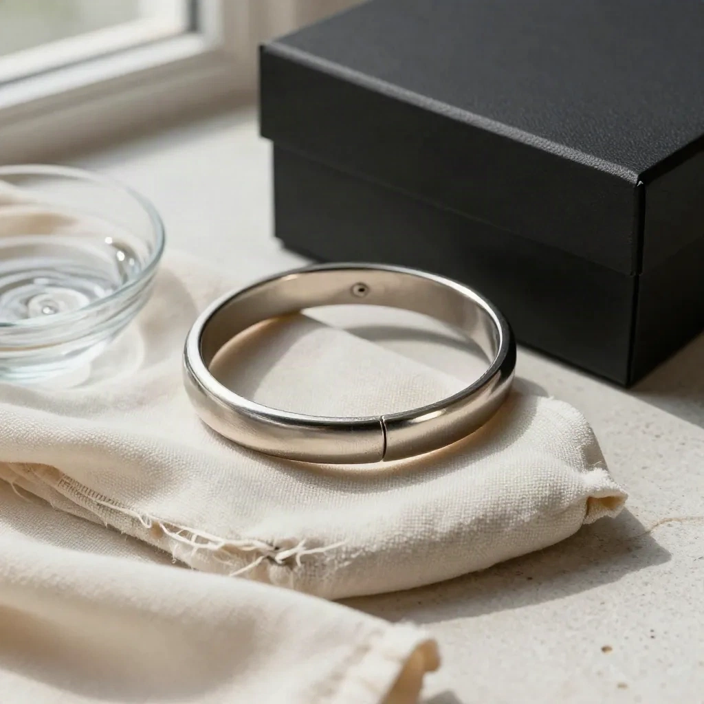 Bracelet essuyé, coupelle d’eau claire et coffret fermé sur pierre claire.
