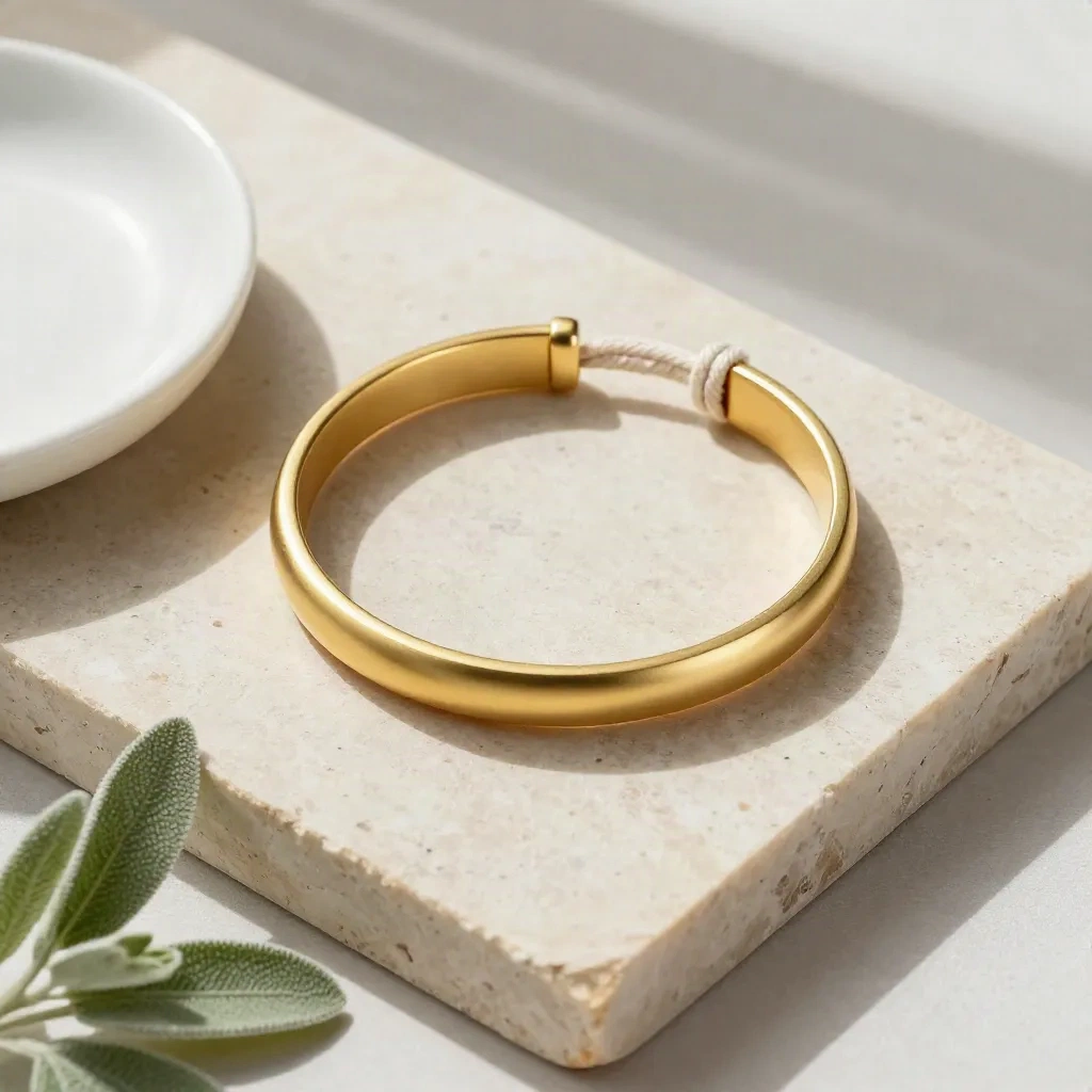 bague réglable ouverte avec ficelle, coupelle en céramique et petite plante sur pierre claire