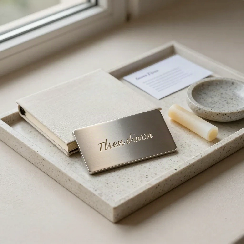 Plaque de bracelet, carnet fermé, cire et coupelle en pierre sur plateau de travertin.
