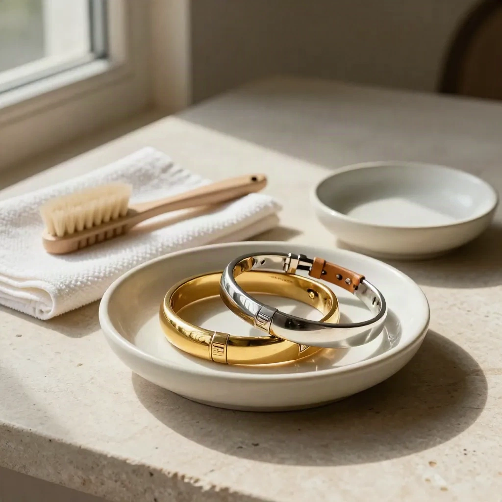 Bracelets or, argent et cuir avec brosse, chiffon microfibre et coupelle en céramique sur pierre claire