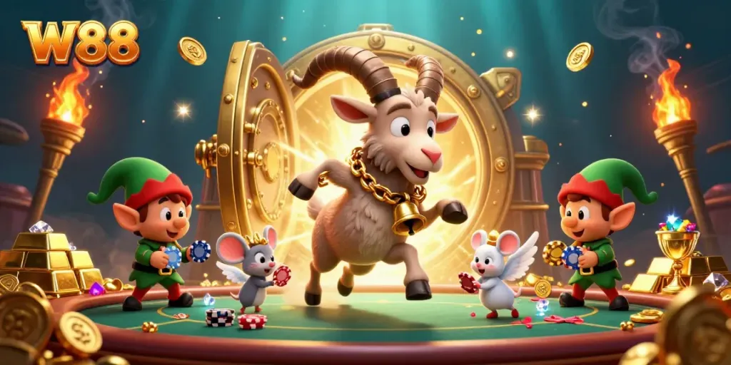 Experience W88's vibrant casino atmosphere where Krampus, an angel mouse, and mischievous elves interact in a lively scene.