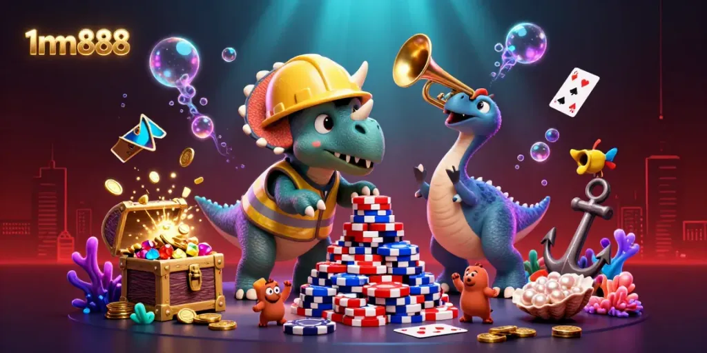 Engage with the vibrant 1mm888 scene showcasing a triceratops building poker chips amid underwater treasures, celebrating casino fun.