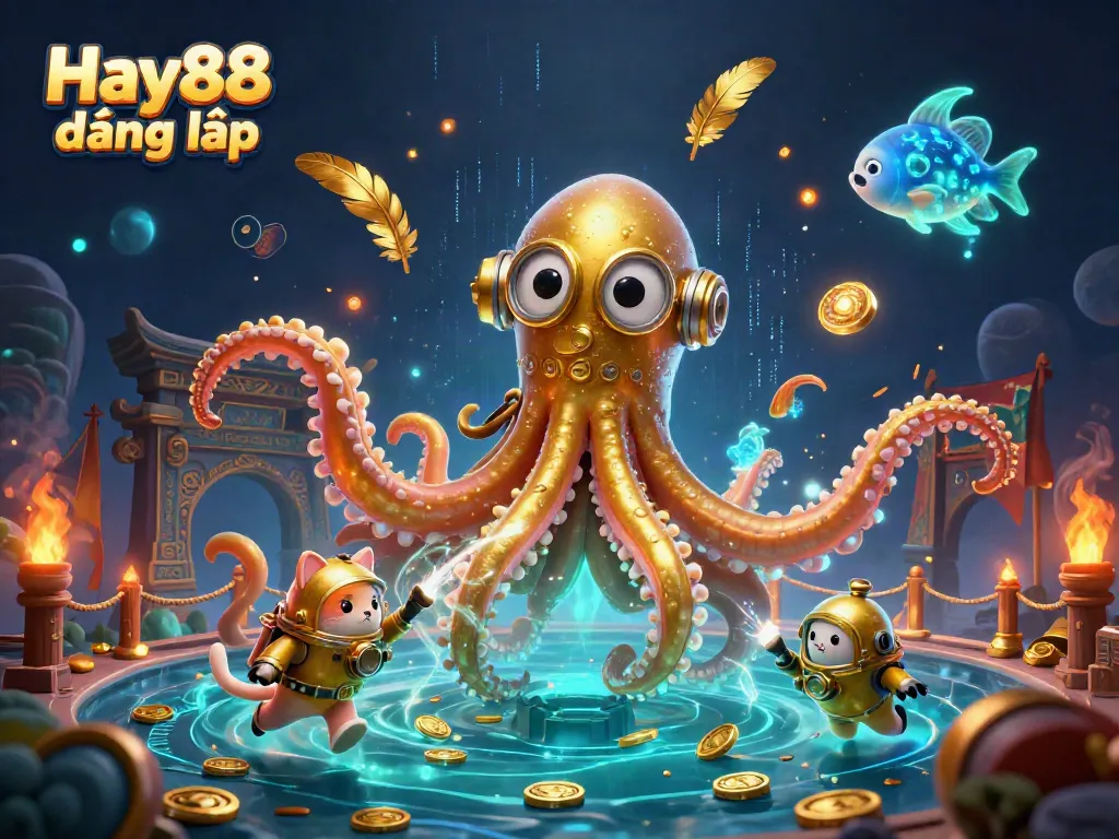 Engage with the fun at Hay88 đăng nhập: a vibrant illustration featuring a kraken and a diving cat.