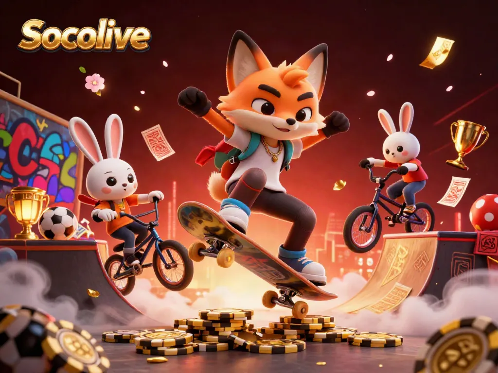 Socolive shows a fox skateboarding over poker chips while a rabbit performs stunts, filled with sports-themed elements