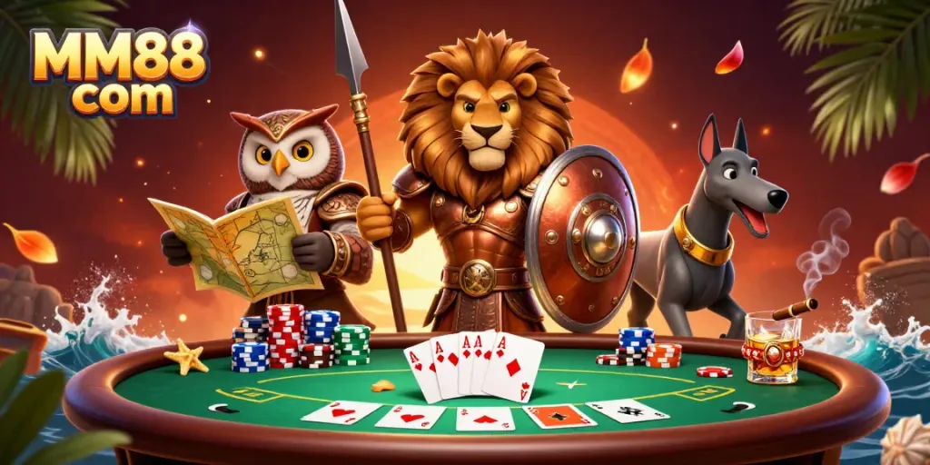 Engage with MM88 com in a vibrant casino scene featuring sparkling poker chips and playful characters.