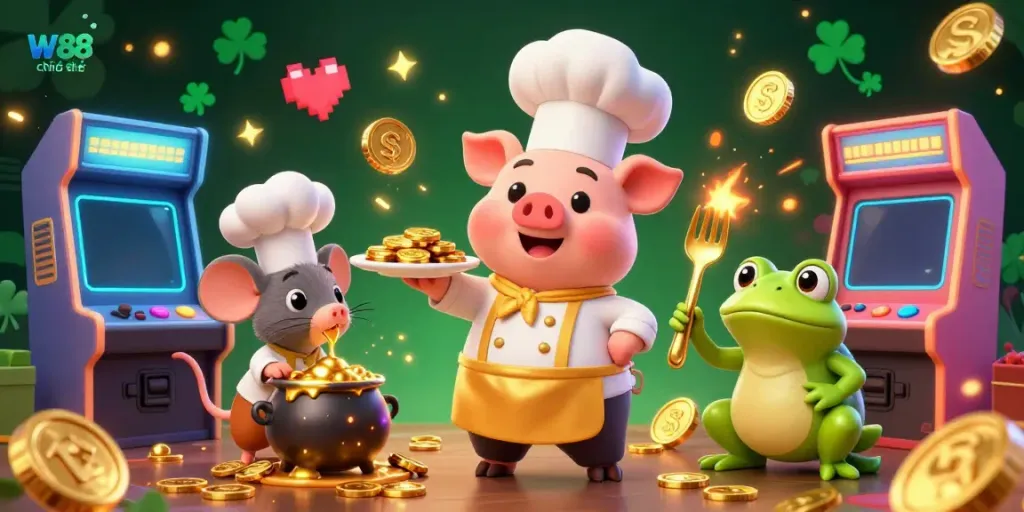 Experience W88 chính thức with a vibrant 3D scene featuring a pig chef, mouse sous-chef, and frog critic amidst casino gaming elements.